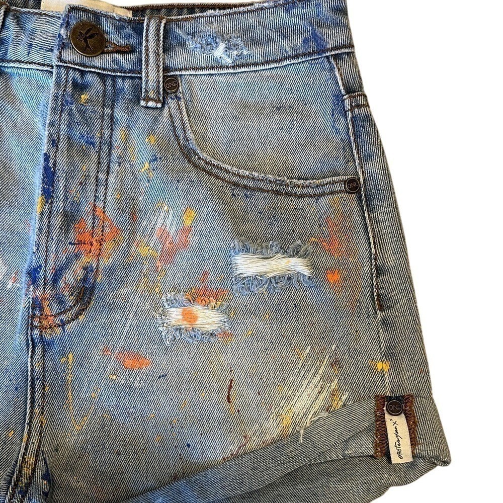 One Teaspoon High Waist Bandits Denim Shorts Paint Splatter Distressed Blue 26 - Picture 4 of 9